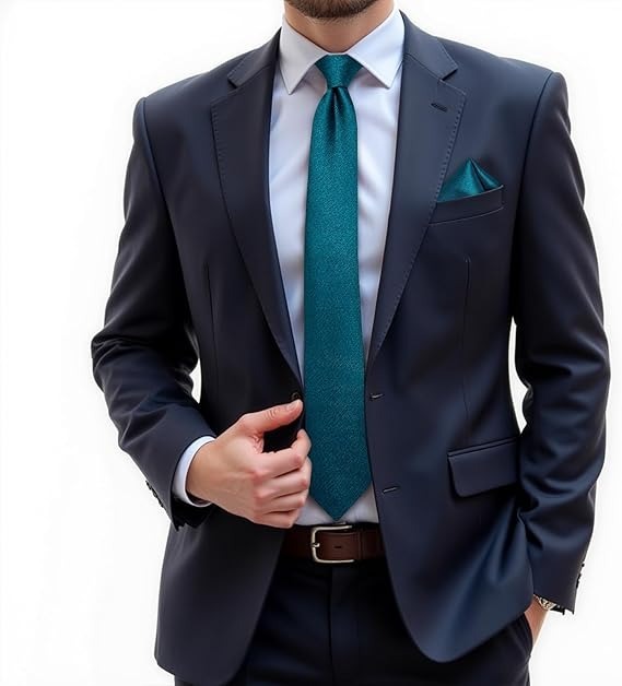 Men's Solid Color Tie and Pocket Square Set,Teal