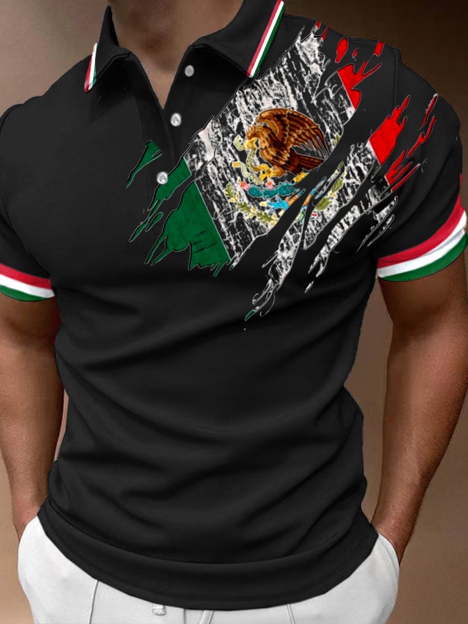 Men's Mexican Flag Print Polo Shirt