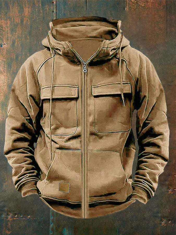 Men's Vintage Double Pocket Solid Color Comfort Zip Cardigan Jacket