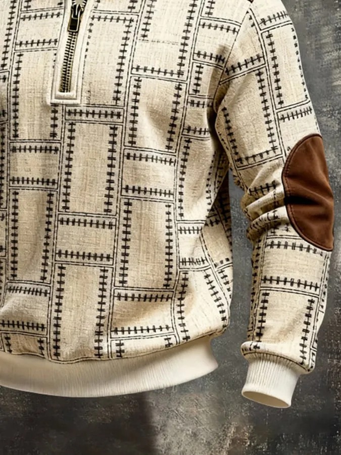 Men's Retro Color Block Print Color-Blocked Zip-Up Sweatshirt