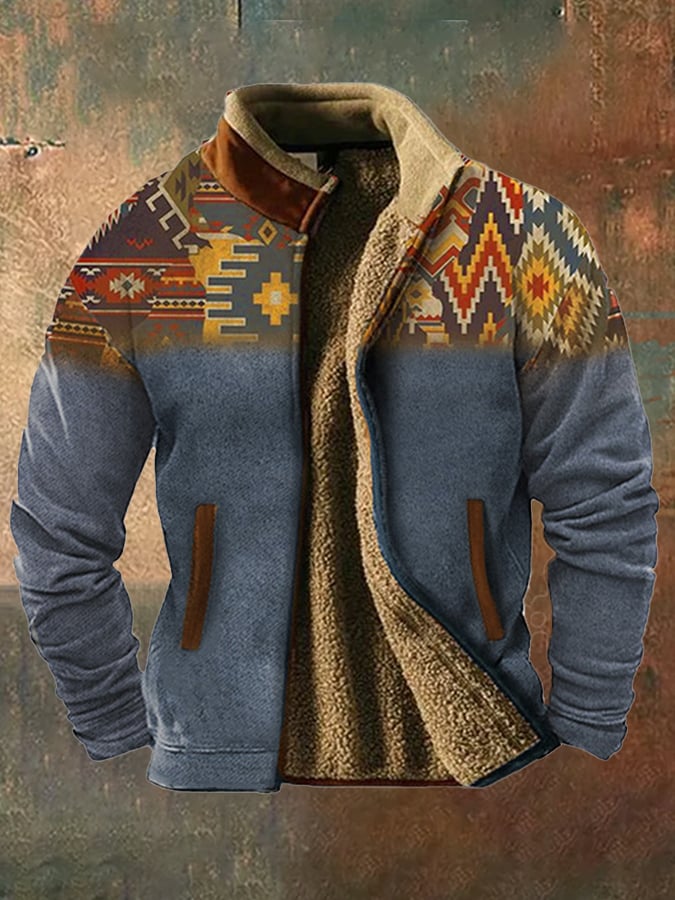 Men's vintage western hunting patchwork warm fleece jacket