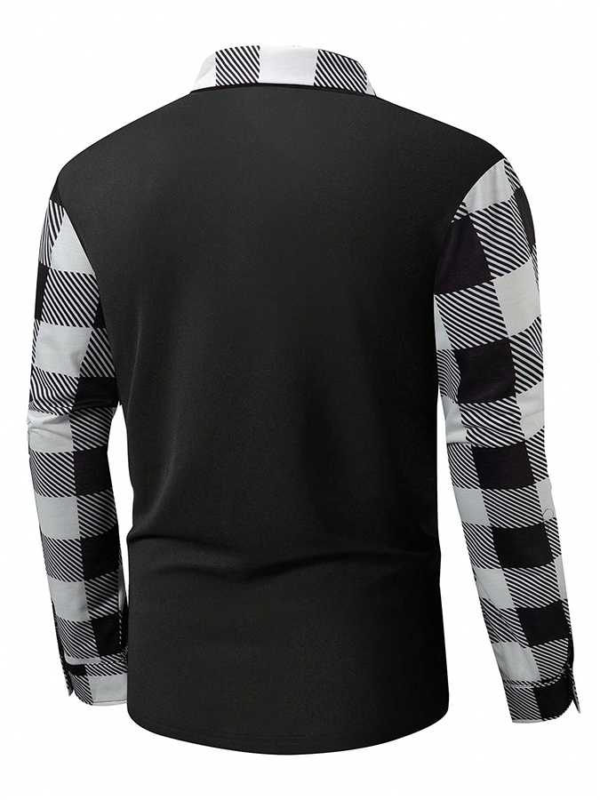 Men's Business Plaid Contrast Patchwork Zipper Lapel Long-Sleeved T-Shirt
