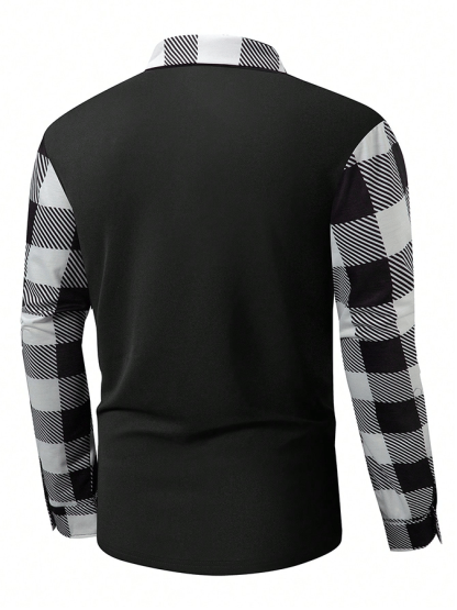 Men's Business Plaid Contrast Patchwork Zipper Lapel Long-Sleeved T-Shirt