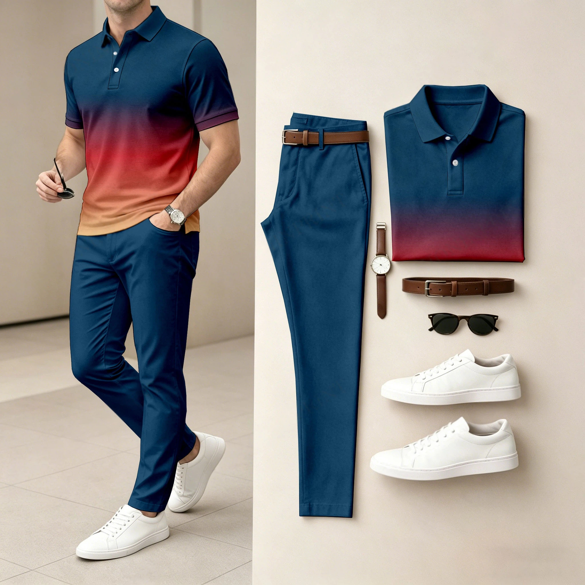 Men's  Ombré Color Short-Sleeve Polo Shirt and Pants Two-Piece Set