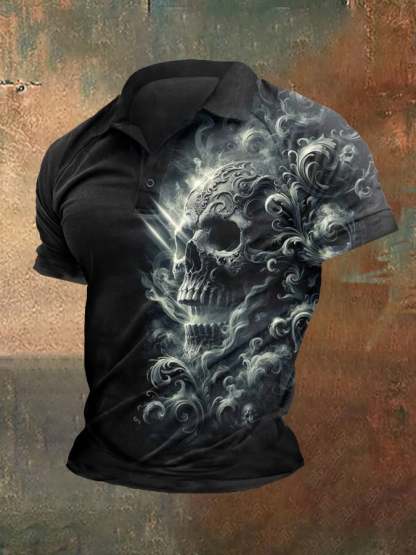 Men's Vintage Skull And Crow Print Polo