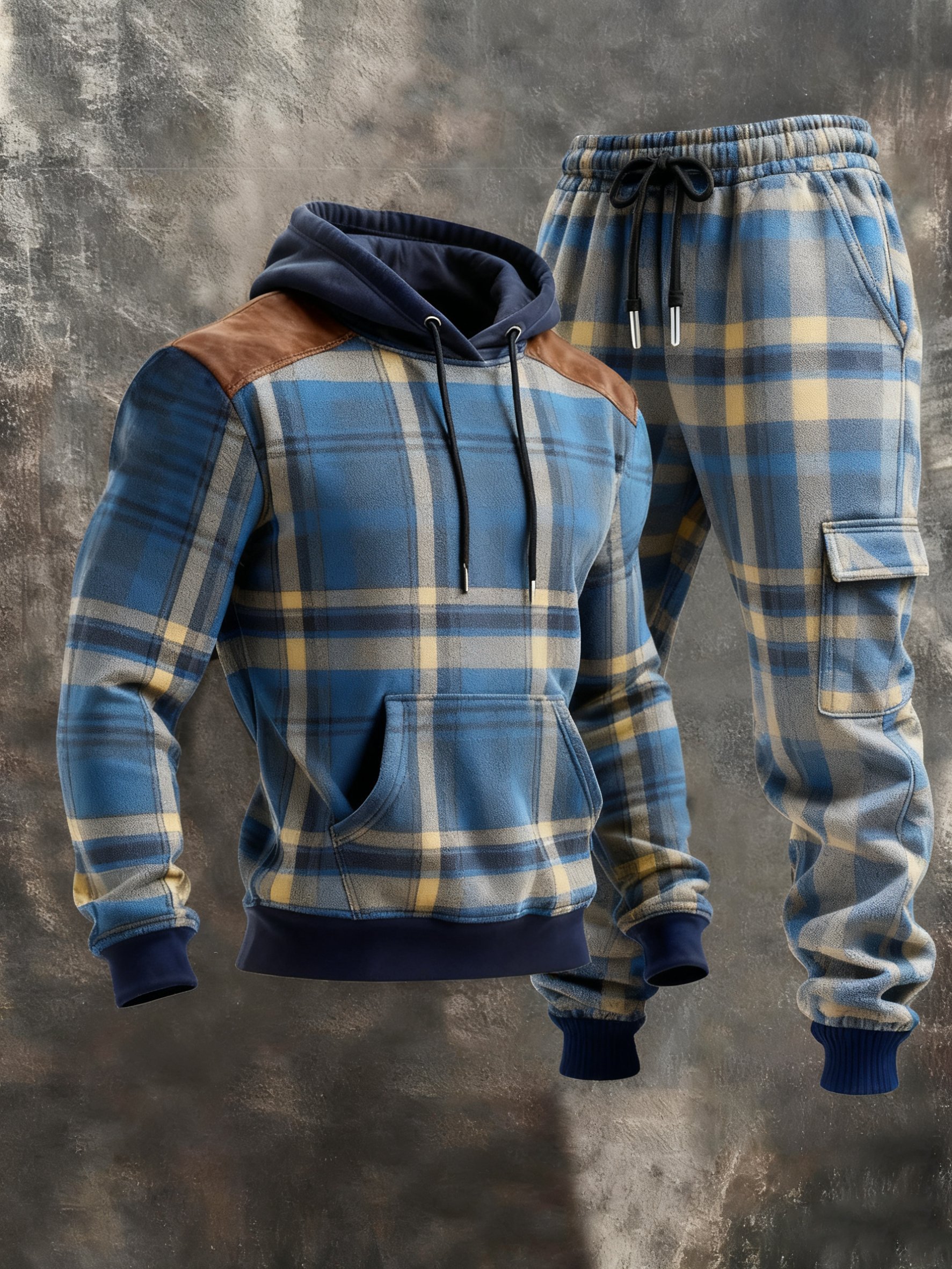 Men's Retro Stitching Contrast Color Hooded Casual Sweatshirt Suit