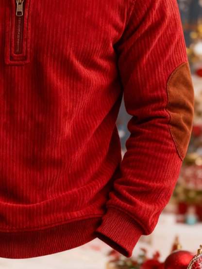 Men's Corduroy Plush Color-Blocked Christmas Hooded Sweatshirt