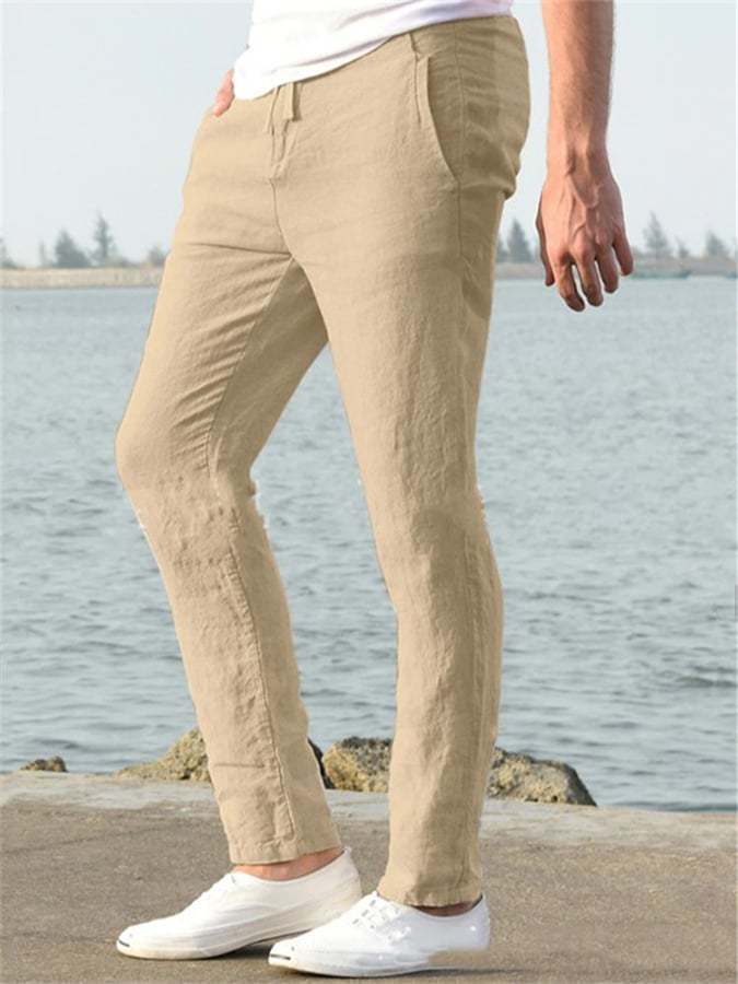 Men's Casual Solid Color Cotton And Linen Drawstring Elastic Waist Trousers