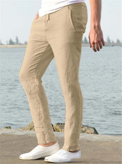 Men's Casual Solid Color Cotton And Linen Drawstring Elastic Waist Trousers