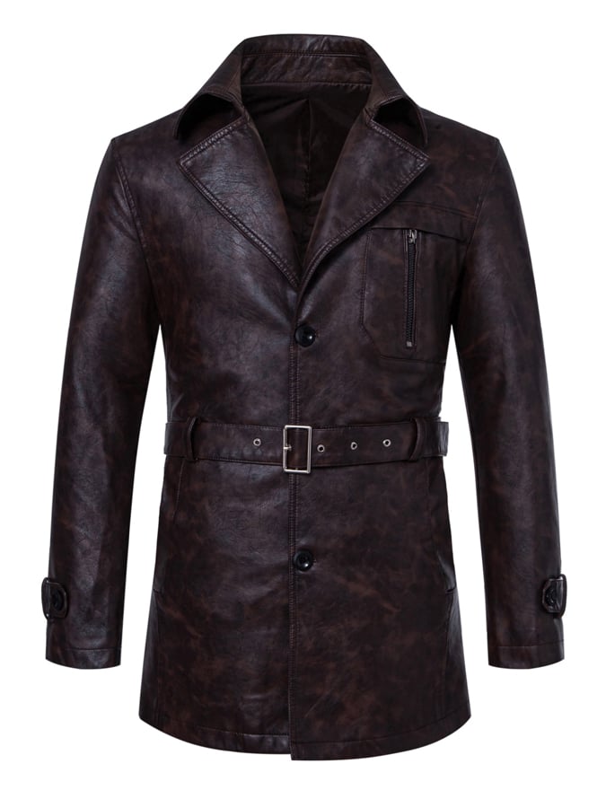 Men'S Stylish Suit Collar Mid-Length With Belt Casual Leather Trench Coat