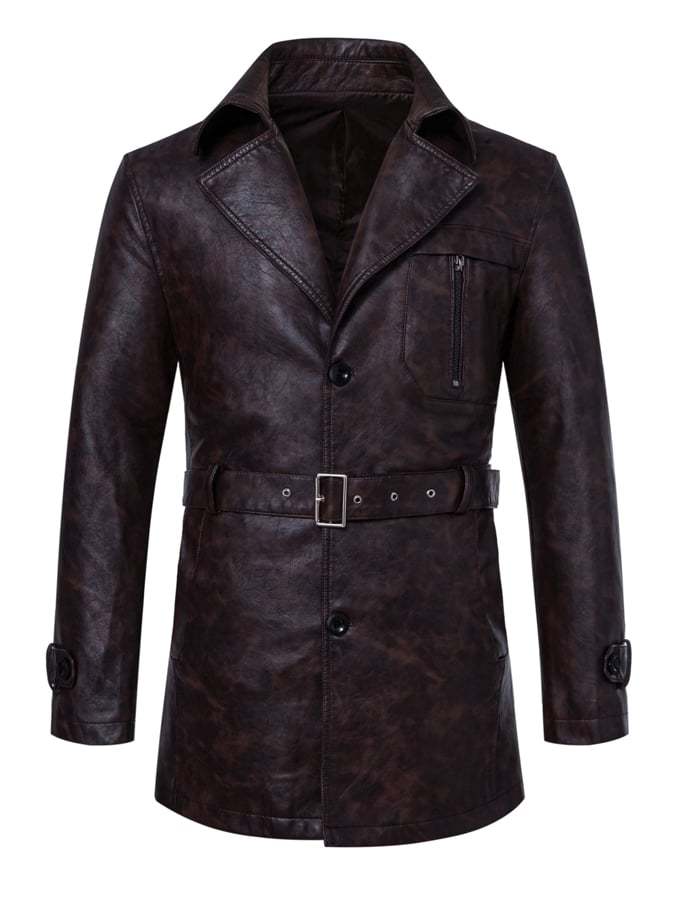 Men'S Stylish Suit Collar Mid-Length With Belt Casual Leather Trench Coat