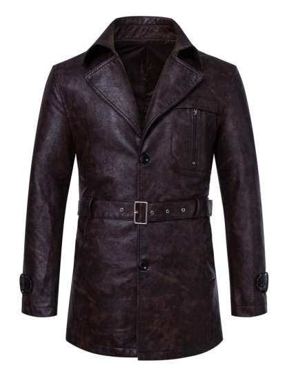 Men'S Stylish Suit Collar Mid-Length With Belt Casual Leather Trench Coat