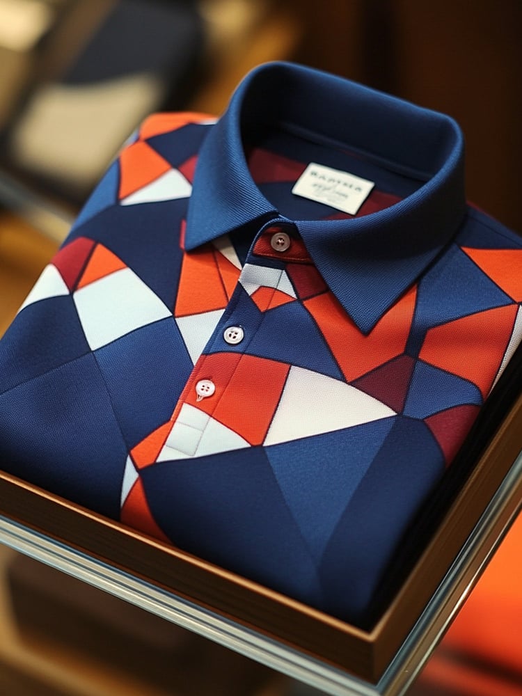 Men's Business Casual Art Geometric Button Short Sleeve Polo Shirt