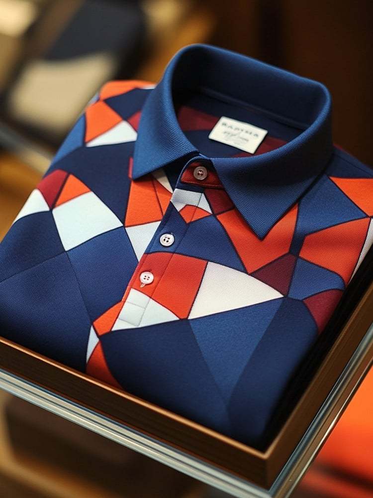 Men's Business Casual Art Geometric Button Short Sleeve Polo Shirt