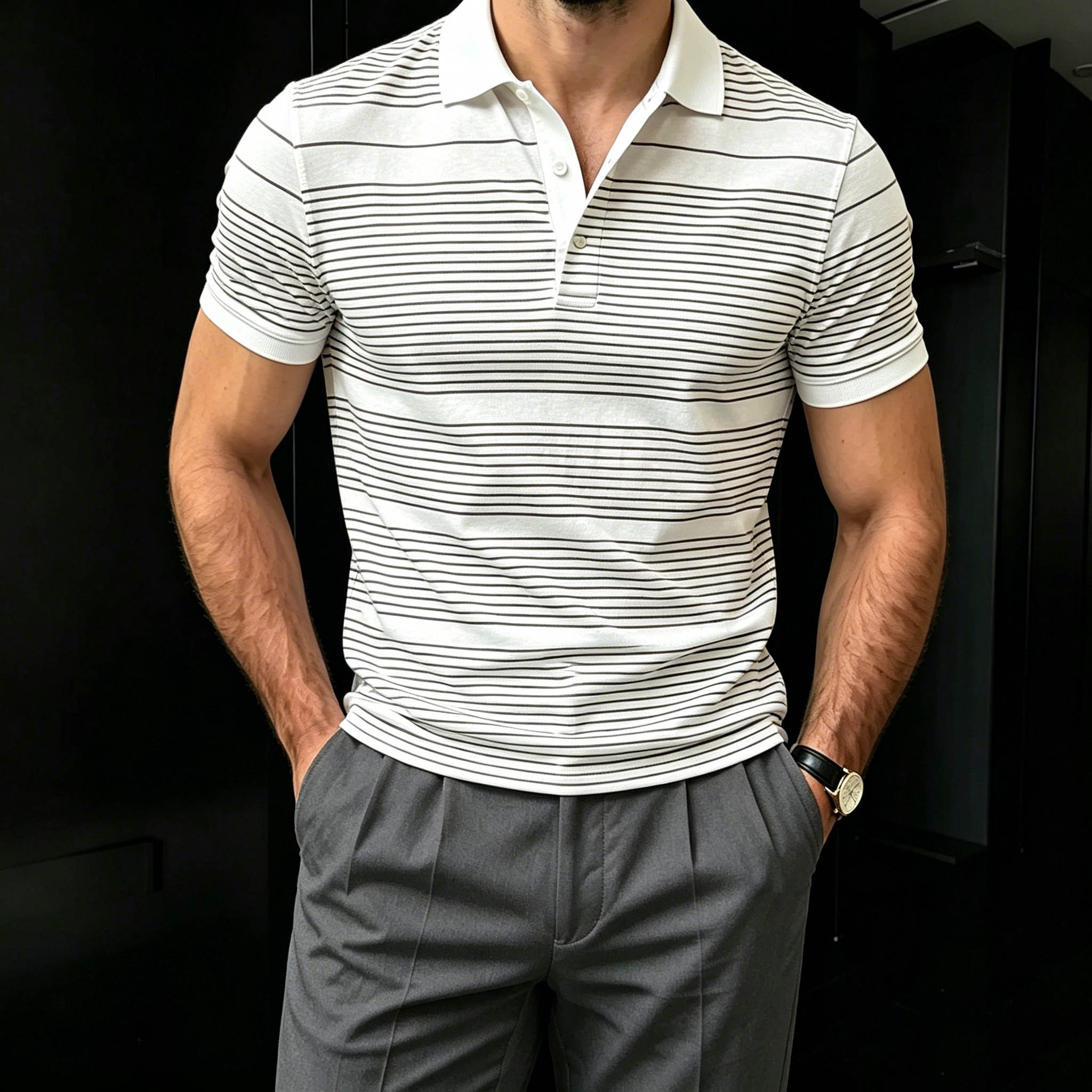Men's Casual Gray & White Color Matching Striped Printed Short Sleeves Polo Shirt