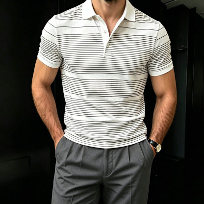 Men's Casual Gray & White Color Matching Striped Printed Short Sleeves Polo Shirt