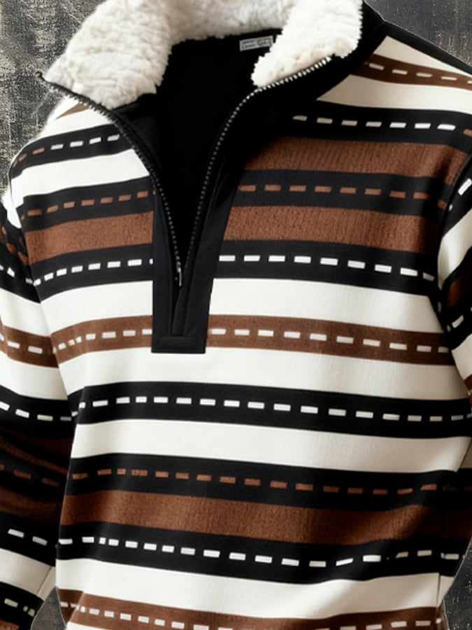 Men's Retro Color Block Print Casual Fur Collar Sweatshirt