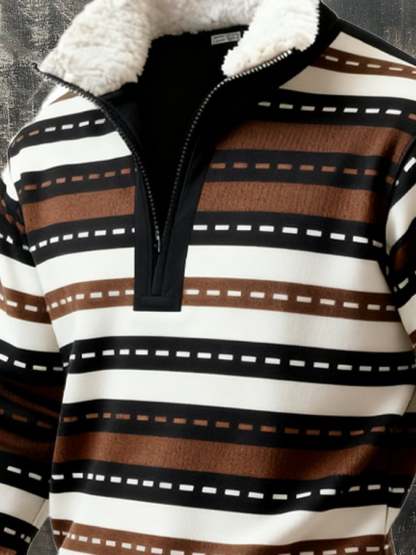 Men's Retro Color Block Print Casual Fur Collar Sweatshirt