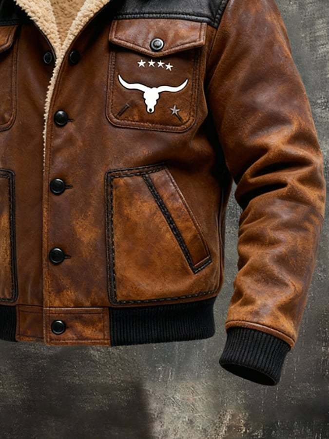 Men'S Vintage Warm Plush Soft Leather Outdoor Jacket