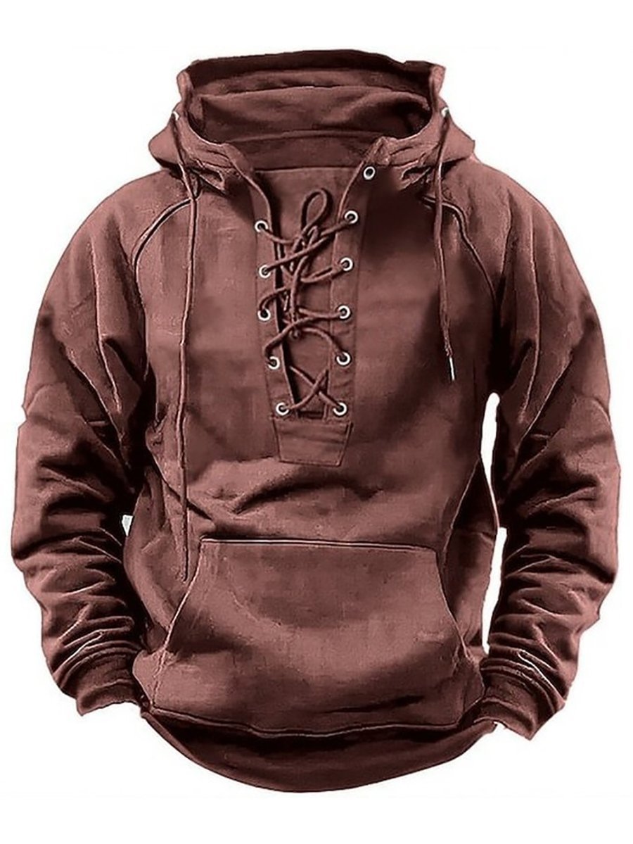 Men's Casual Tie-Strap Raglan Sleeve Pocket Hoodie