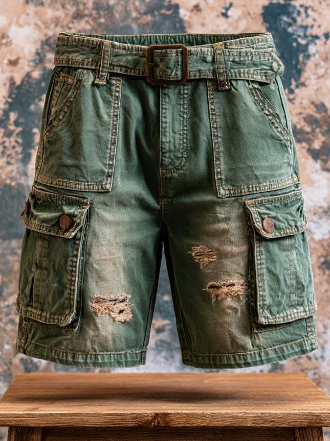 Men's Retro Outdoor Multi-Pocket 100% Cotton Washed Cargo Shorts