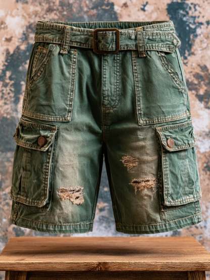 Men's Retro Outdoor Multi-Pocket 100% Cotton Washed Cargo Shorts