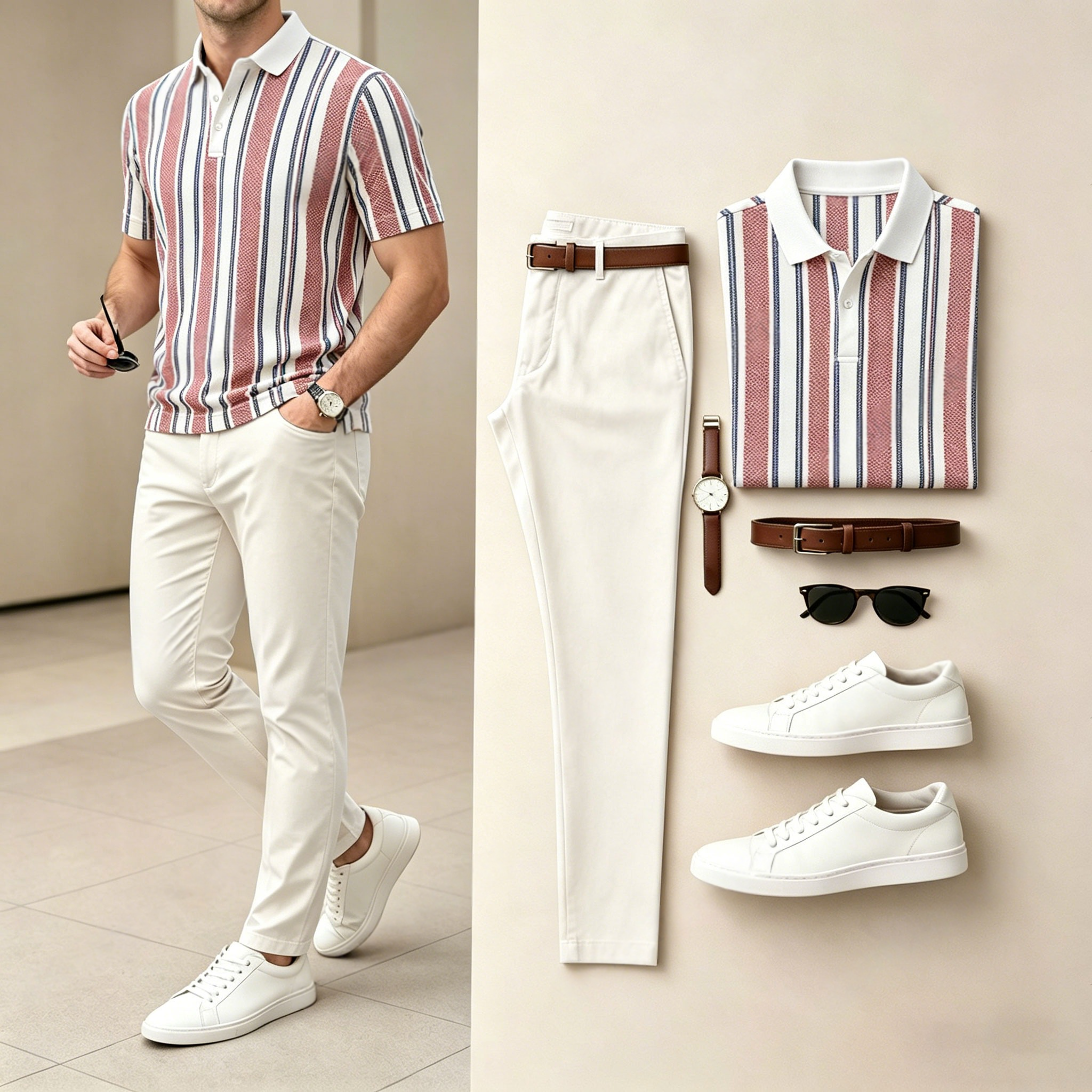Men's Casual Vertical-Striped, Two-Tone Printed Short-Sleeve Polo Shirt And Pants Two-Piece Set (Does Not Include Accessories Such As Watches Or Glasses)