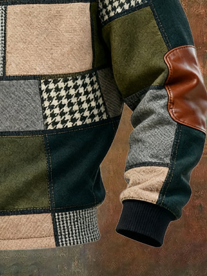 Men's Retro Color Block Print Casual Fur Collar Sweatshirt