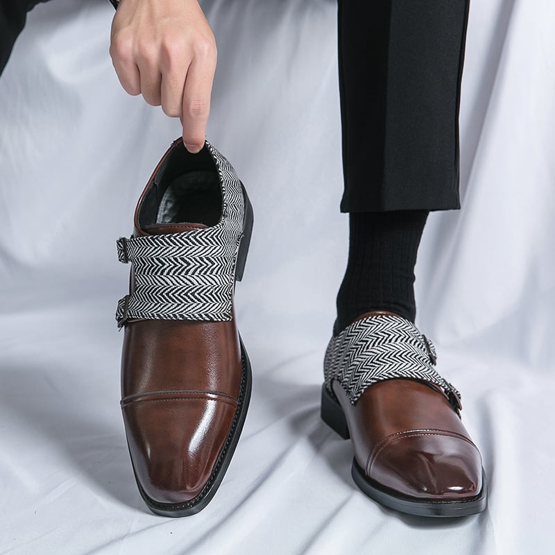 Men's Business Casual Checkered Patchwork Double Monk Imitation Faux Leather Shoes