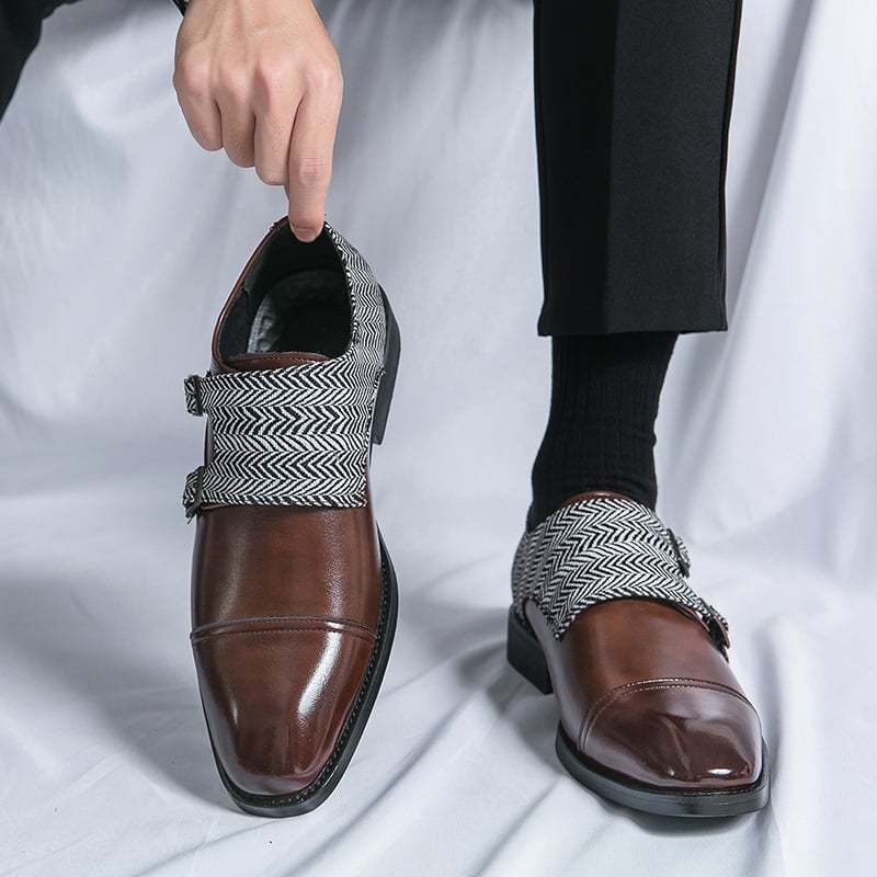 Men's Business Casual Checkered Patchwork Double Monk Imitation Faux Leather Shoes