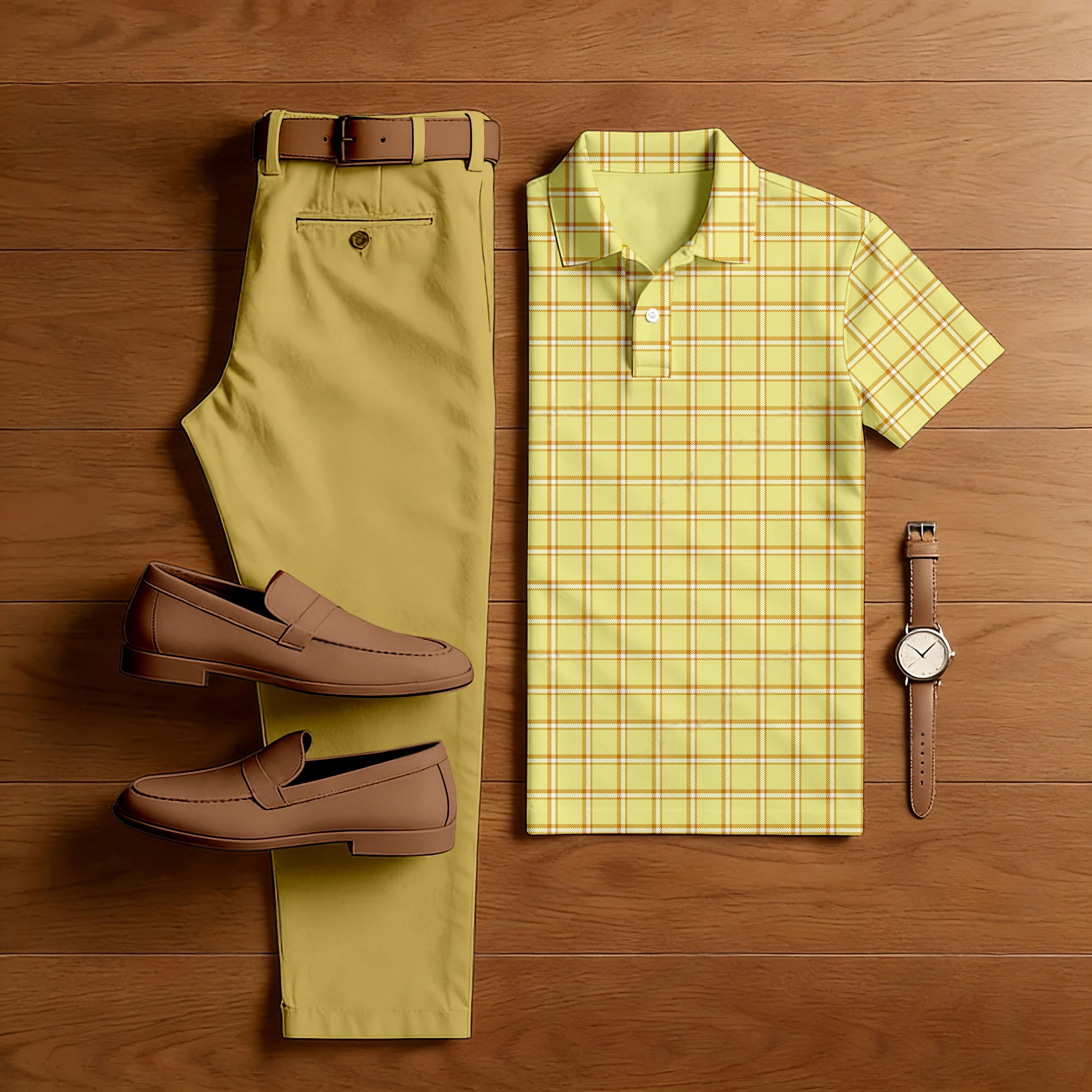 Men's Casual Ginger & Yellow Color Matching Checkered Printed Short Sleeved Polo Shirt & Trousers Two-Piece Set