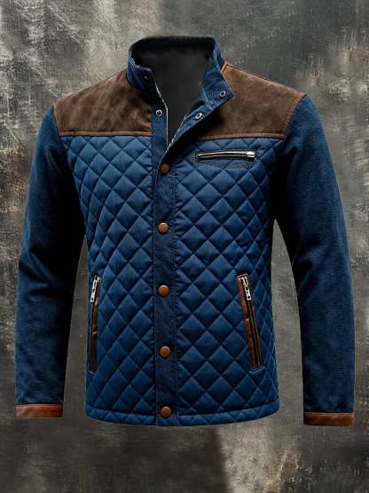 Men's Vintage Quilted Leather Patchwork Zippered Jacket