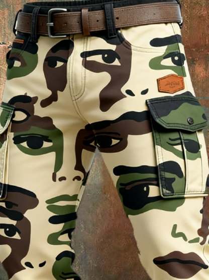 Men's Retro Abstract Face Camouflage Distressed Pocket Work Pants