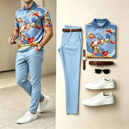 Men's Light And Mature Style, Simple Color Matching Short Sleeved Polo Shirt & Pants Two-Piece Set