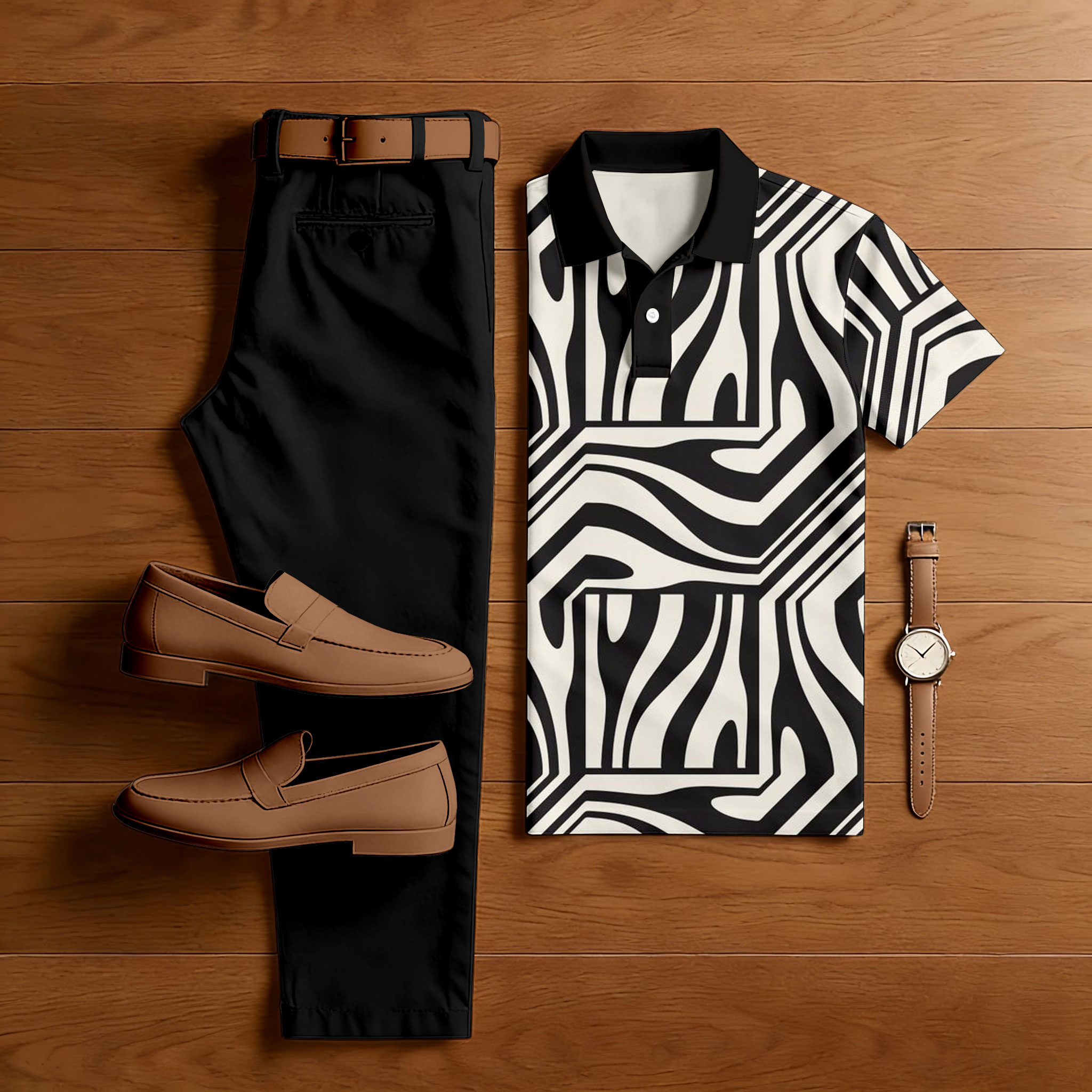 Men's Casual Black & White Color Matching Geometric Printed Short Sleeved Polo Shirt & Trousers Two-Piece Set