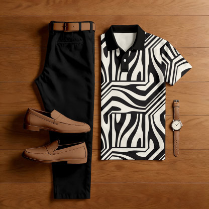 Men's Casual Black & White Color Matching Geometric Printed Short Sleeved Polo Shirt & Trousers Two-Piece Set