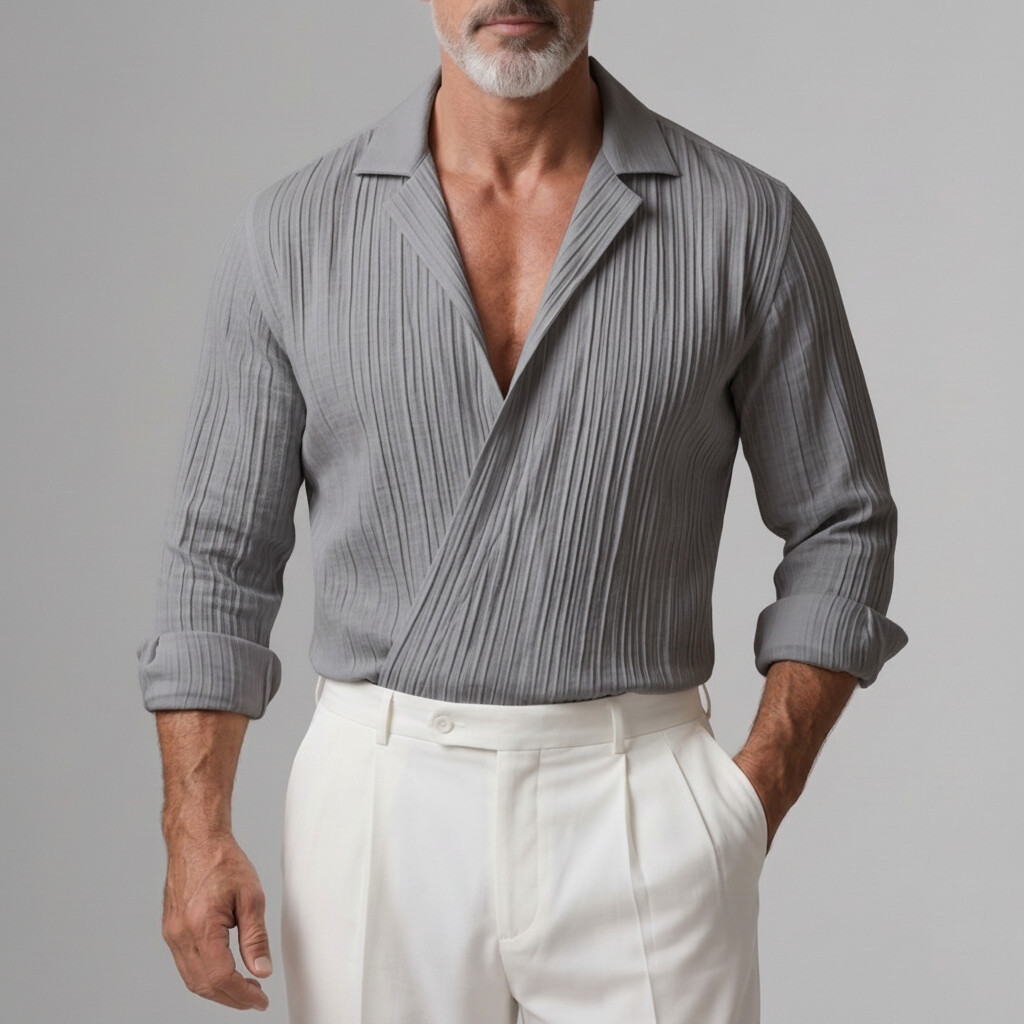 Men's Business Casual White Wrinkled Texture Lapel Collar Wrapped Long Sleeve Shirt