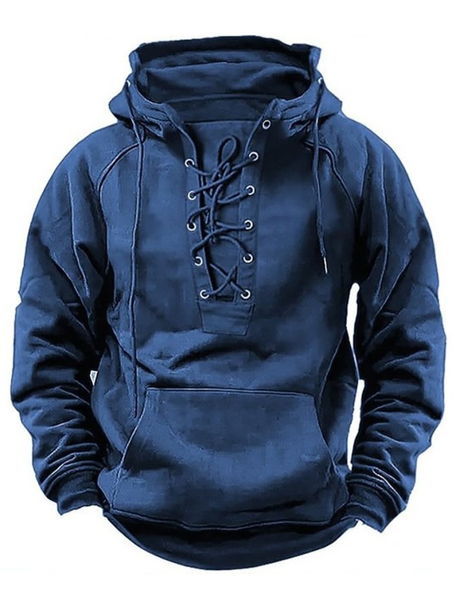 Men's Casual Tie-Strap Raglan Sleeve Pocket Hoodie