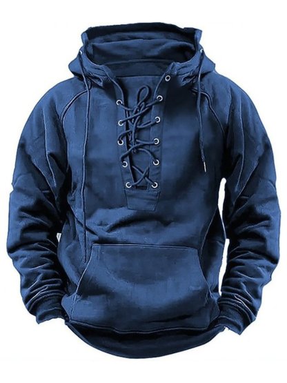 Men's Casual Tie-Strap Raglan Sleeve Pocket Hoodie