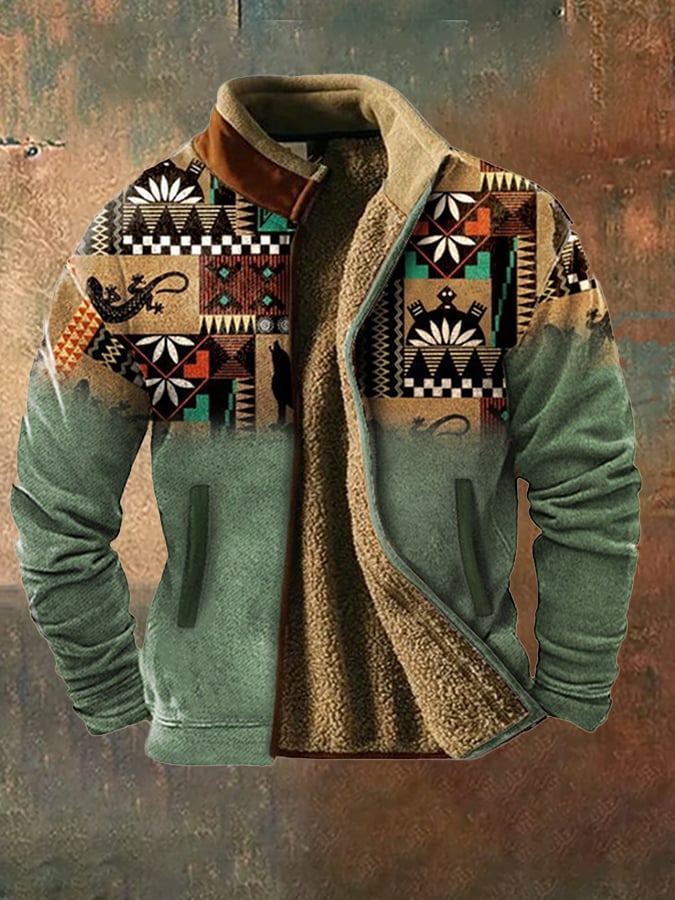 Men's vintage western hunting patchwork warm fleece jacket