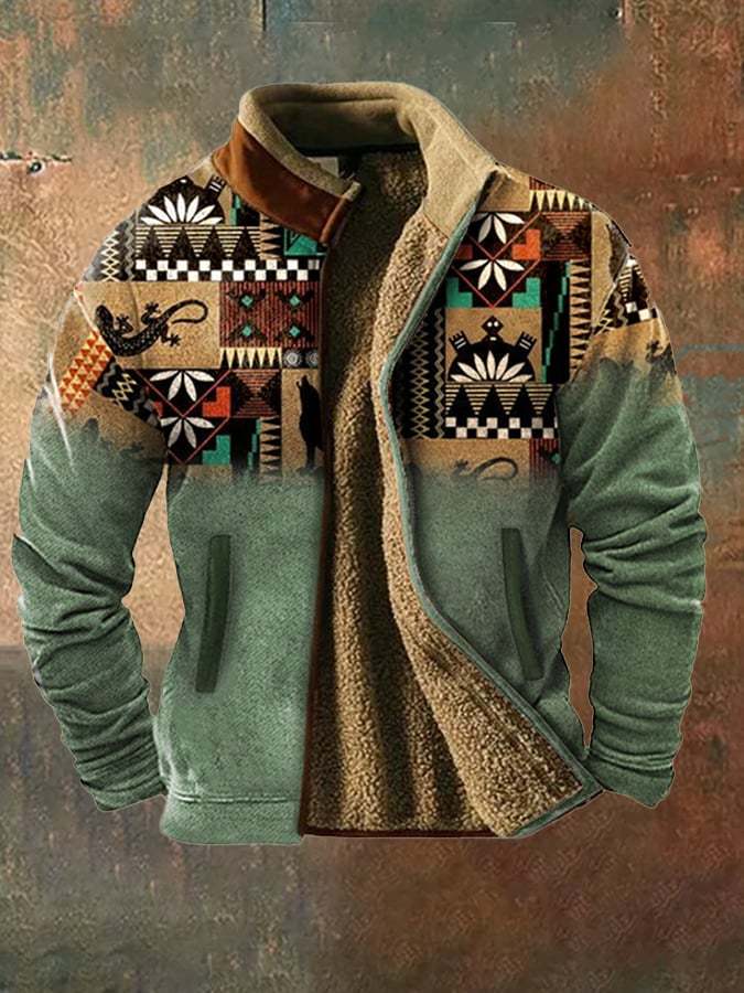 Men's vintage western hunting patchwork warm fleece jacket