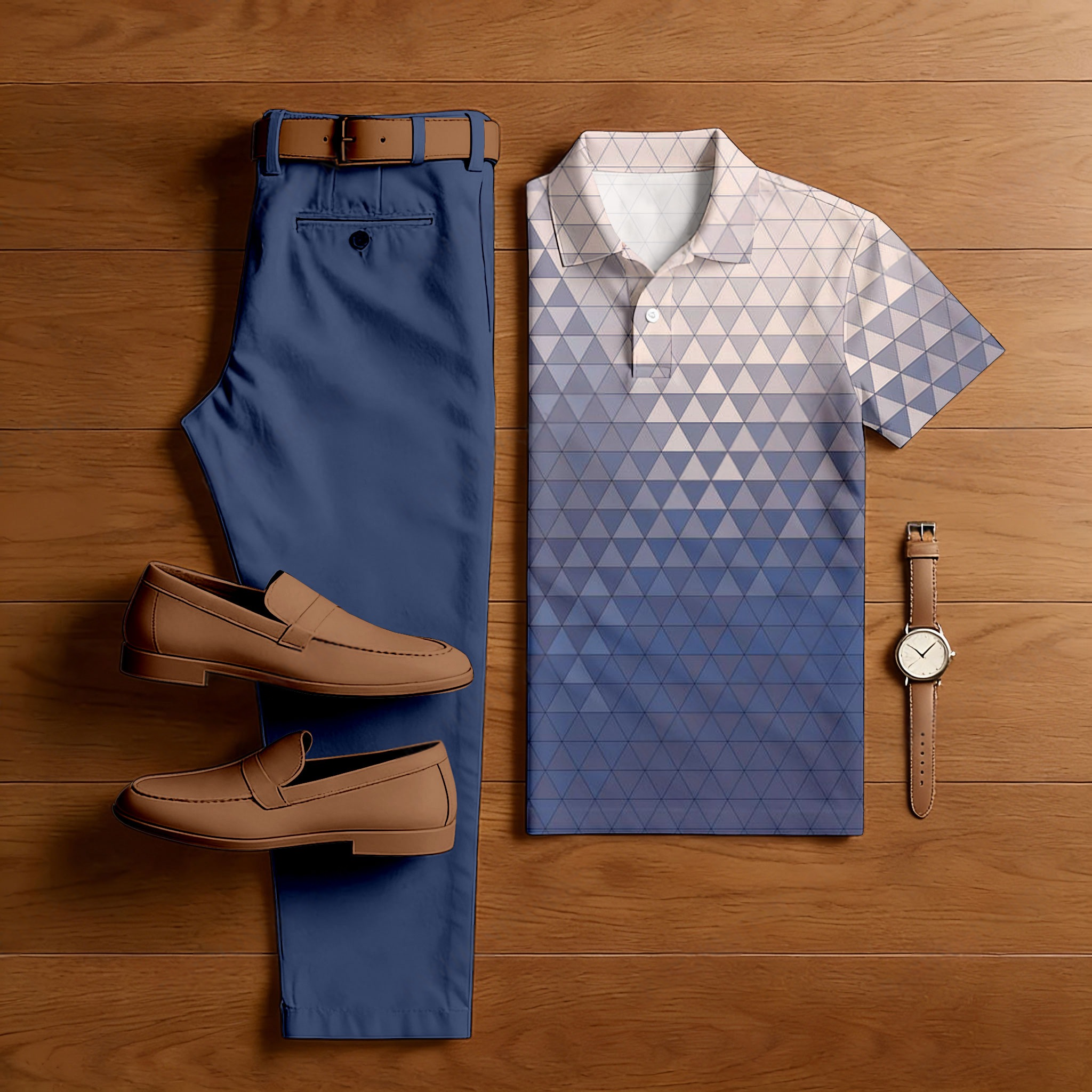 Men's Casual Purple Gradient Pink Color Matching Checkered Printed Short Sleeved Polo Shirt & Trousers Two-Piece Set