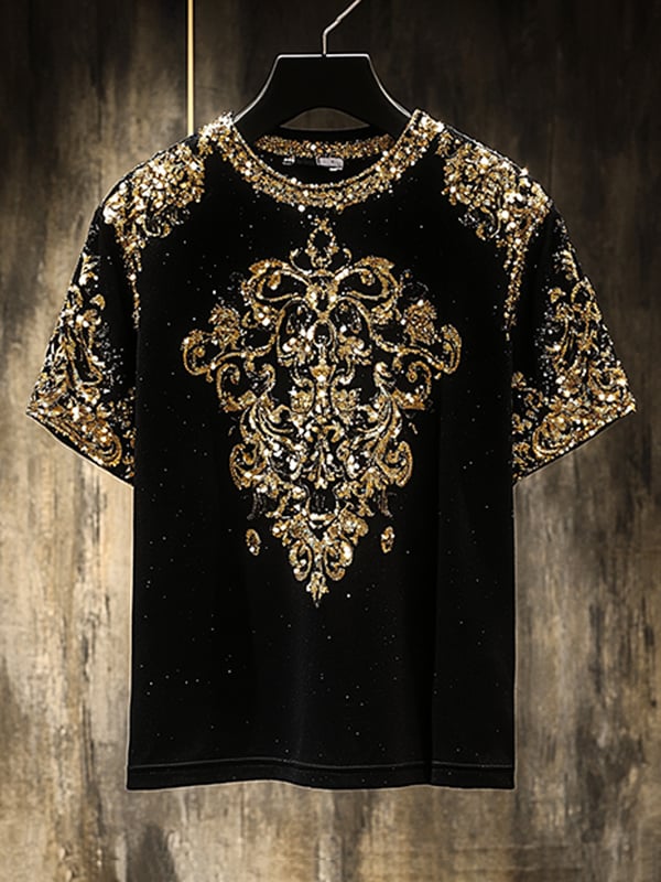 Men's Business European Pattern Sequin Print Short Sleeve T-shirt