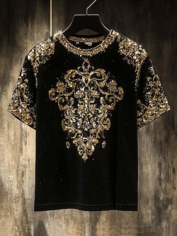 Men's Business European Pattern Sequin Print Short Sleeve T-shirt