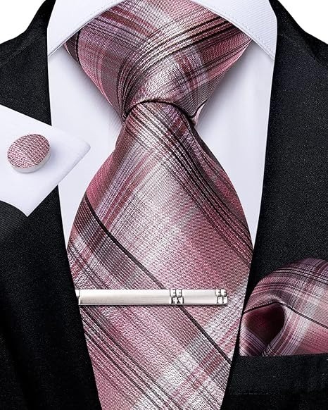Men's Solid Color Tie and Pocket Square Set,Pink Plaid
