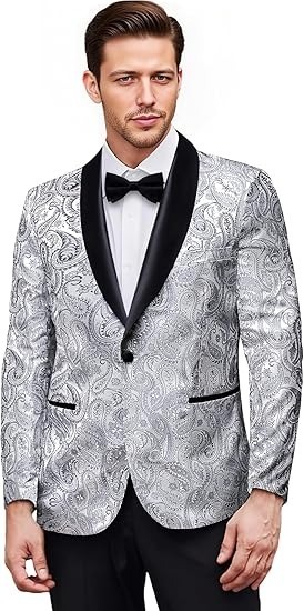 Men's Blazer One Button Shawl Lapel Tuxedo,Silver Grey Paisley