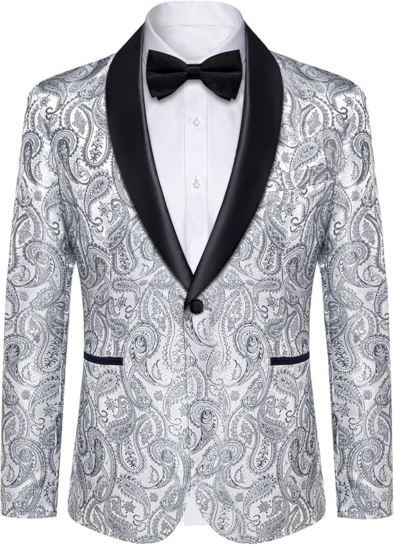 Men's Blazer One Button Shawl Lapel Tuxedo,Silver Grey Paisley