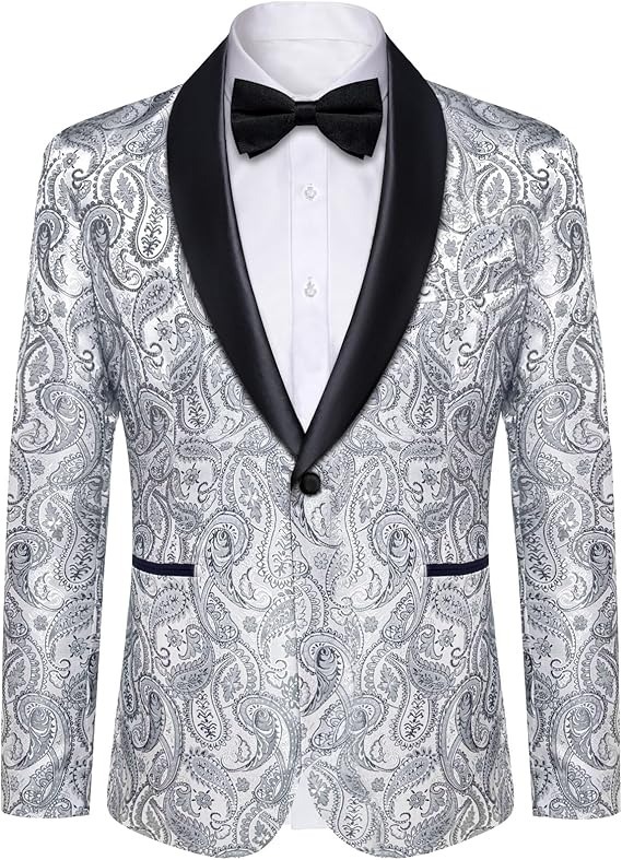Men's Blazer One Button Shawl Lapel Tuxedo,Silver Grey Paisley