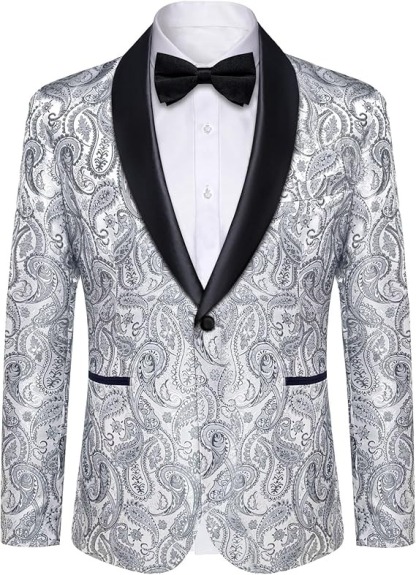 Men's Blazer One Button Shawl Lapel Tuxedo,Silver Grey Paisley