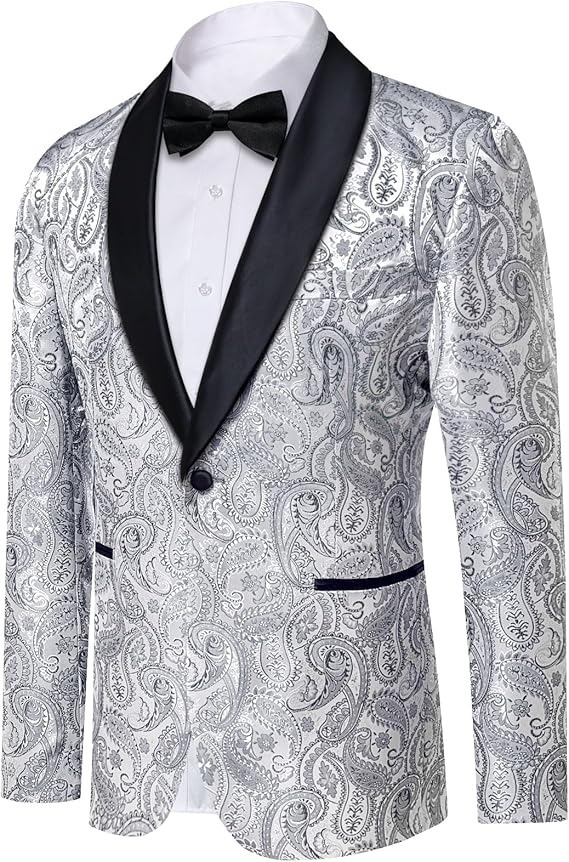 Men's Blazer One Button Shawl Lapel Tuxedo,Silver Grey Paisley